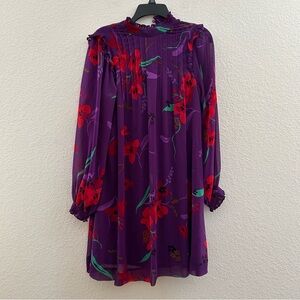 Calvin Klein Purple Long Sleeve Dress with Red Floral Design